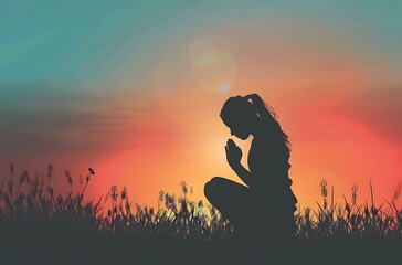 Naklejka premium Silhouette of Woman Praying at Sunset on Grassy Field