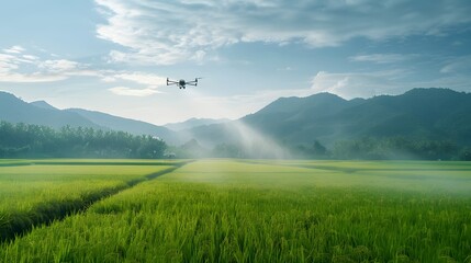 Advanced agricultural drone spraying medicine over expansive rice fields, in a bright and clear