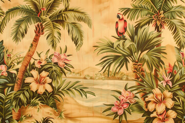 Fototapeta premium Tropical paradise wallpaper adorned with lush palm trees, exotic flowers, and vibrant parrots, transporting viewers to a sun-drenched oasis of relaxation and serenity