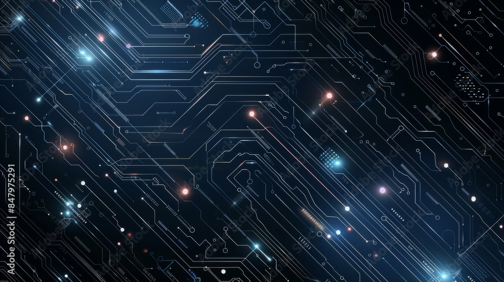 Poster hightech design with thin white lines forming a circuit pattern on a deep navy background