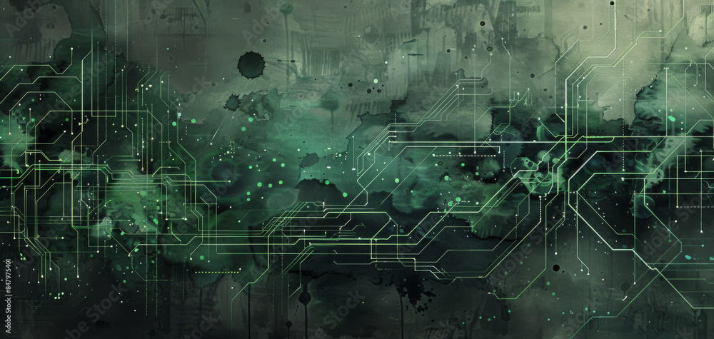Poster hightech watercolor background with intersecting thin green lines and circuitlike patterns on a dark