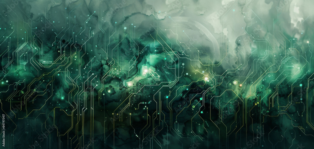 Poster hightech watercolor background with intersecting thin green lines and circuitlike patterns on a dark