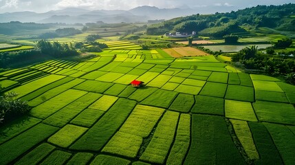 Vibrant rice fields with an agricultural drone dispersing medicine, captured in a bright