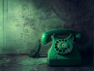 Vintage Green Phone on Grunge Wall Background