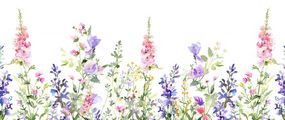 Watercolor Wildflowers Field Border Seamless Pattern