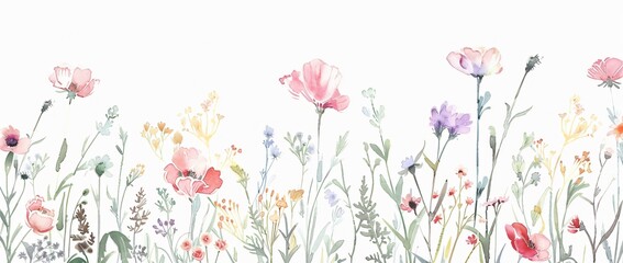 Watercolor Wildflowers Border Clipart with Pastel Colors