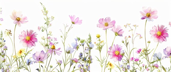 Watercolor Wildflowers Pattern on White Background