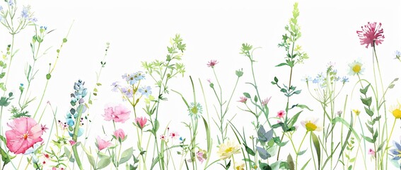 Watercolor Wildflowers Field Pattern on White Background