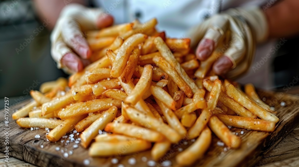 Wall mural Traditional American fast food restaurant snacks. Cropped shot of chef in cooking gloves serving french fries on wooden board.  