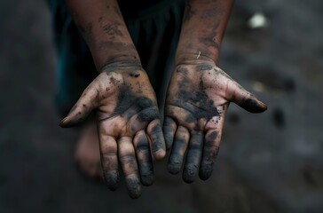 Fototapeta premium Close-up of Dirty Hands of a Poor Child on Dark Background