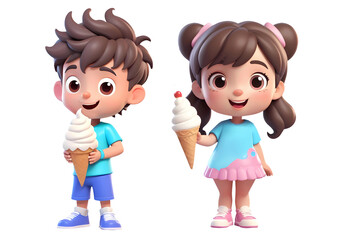 3d rendering little boy and girl cartoon characters holding ice cream cone isolated on transparent background, PNG file add