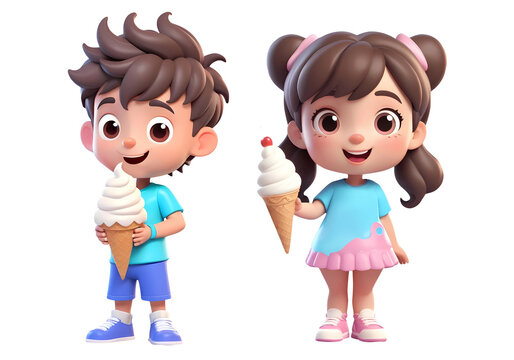 3d rendering little boy and girl cartoon characters holding ice cream cone isolated on transparent background, PNG file 