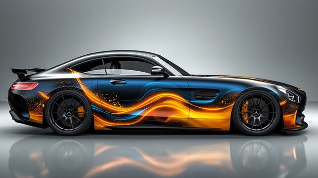 Sports car with dynamic blue and orange flame graphics on the sides, black wheels, and a rear spoiler on a reflective surface. High-performance vehicle design for automotive enthusiasts.