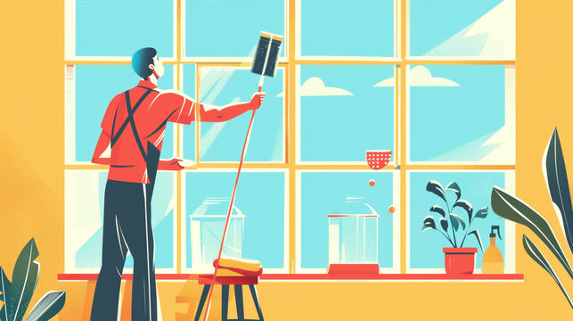 man cleaning window, red shirt, yellow background clip art preview