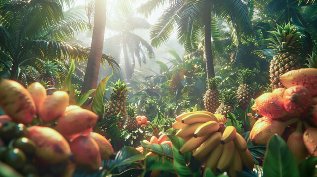 Lush rainforest with ripe bananas, pineapples, and exotic fruits under vibrant palm trees