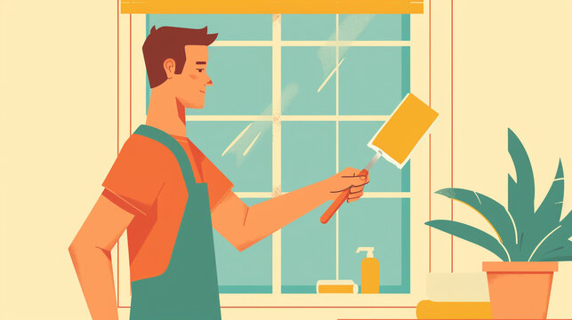 man cleaning window, orange shirt, teal apron clip art preview