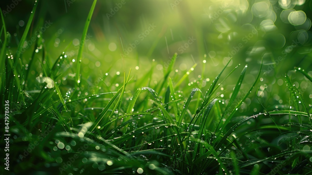 Sticker macro close up of fresh green grass in raindrops