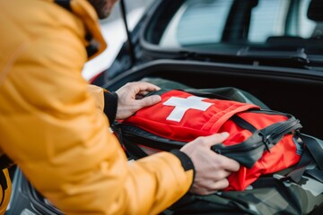 A close-up of a person placing a first aid kit in the trunk of a car. Emergency preparedness and safety concept. Generated AI