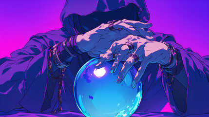fortune teller and a crystal ball in front of him, anime style