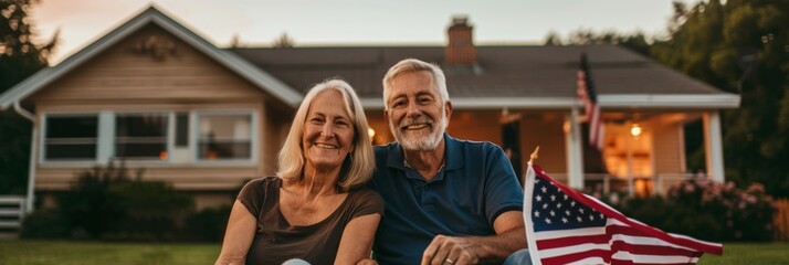 Happy senior couple sitting in front of their house, holding an American flag, and smiling. Concept of home, patriotism, and togetherness. Generated AI