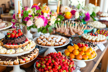 Whimsical dessert buffet at a wedding reception, featuring an array of decadent treats such as chocolate fondue fountains, tiered cakes, and fruit tarts, all beautifully arranged on a table adorned
