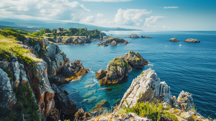 Stunning view of rocky coastline with calm sea and blue sky - Powered by Adobe