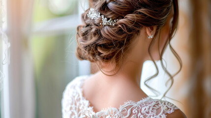 Bride with Elegant Updo, Serene Mood, Indoor Wedding Setting with Soft Lighting