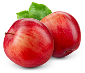 Apple isolated png. Red apple with leaf on transparent background. PNG format. Two red apples with no background. Full depth of field.