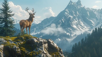 Obraz premium Deer watching on the mountain forest hill a high mountain