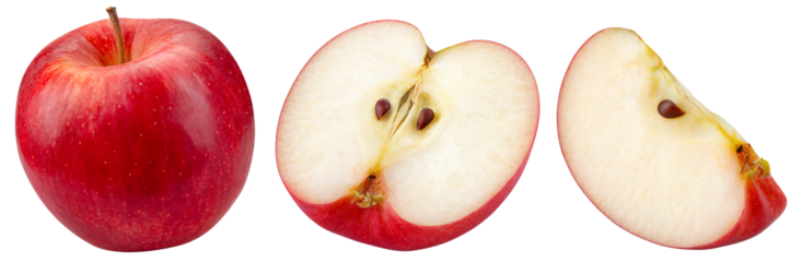 Apple isolated png. Red apple half and piece collection on transparent background. PNG format. Red apple slice set with no background. Full depth of field.