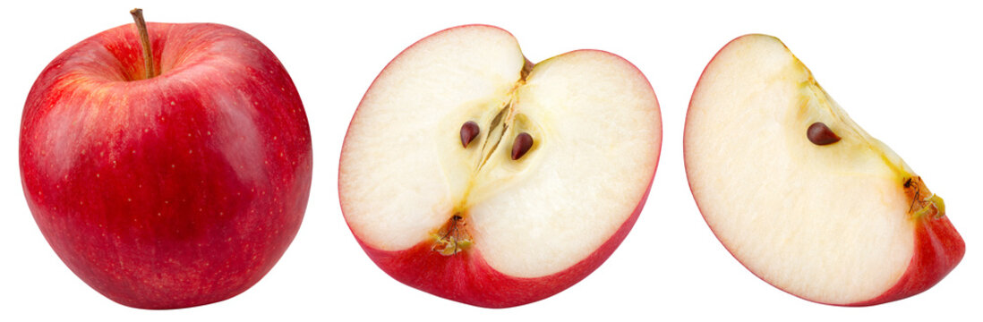 Apple isolated png. Red apple half and piece collection on transparent background. PNG format. Red apple slice set with no background. Full depth of field.