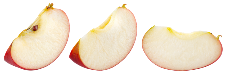 Apple slice isolated png. Red apple piece collection on transparent background. PNG format. Red apple slice set with no background. Full depth of field.