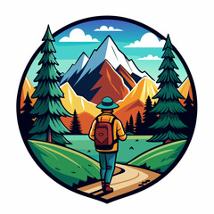 Hiking on the trails with a mountain in the distance. Vintage retro-style mountain and forest illustration for t-shirt design