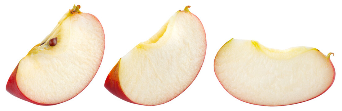 Apple slice isolated png. Red apple piece collection on transparent background. PNG format. Red apple slice set with no background. Full depth of field.