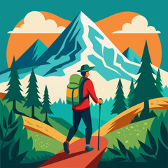 Fototapeta premium Hiking on the trails with a mountain in the distance. Vintage retro-style mountain and forest illustration for t-shirt design