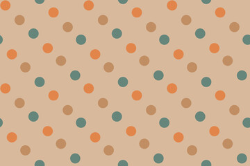 Seamless repeating border of hand drawn circles, polka dots. Green, orange, beige. Textile beige pattern. Tablecloth, napkins, background, design.