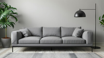 Modern living room with grey sofa and minimalist decor