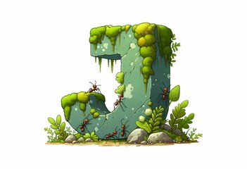The letter J naturally sprouts from lichens and moss on a rock in the forest while ants move leaves around it.