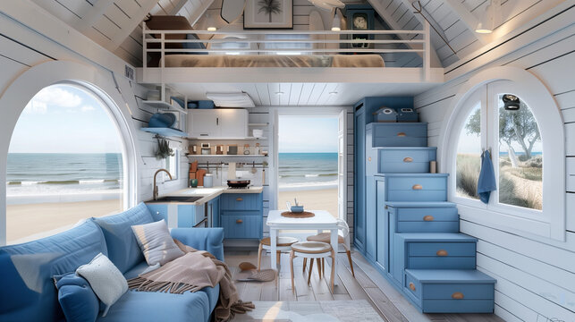 Blue and white interior of a tiny house with a superb sea view