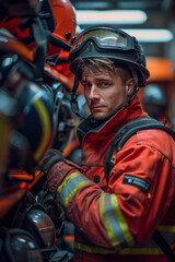 Obraz premium Elegant shot of a firefighter adjusting their helmet in a clean, modern fire station,