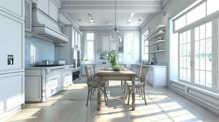 Dining room and kitchen space on white background