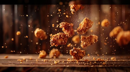 chicken wings bread crumbd falling in the air, on a wooden table