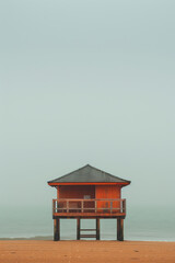 Fototapeta premium Minimalist image of a lifeguard station on a tranquil beach, with soft pastel tones,