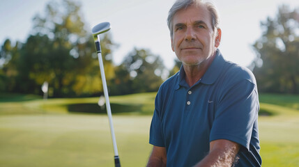 Senior man holding a golf club on a sunny day at the golf course