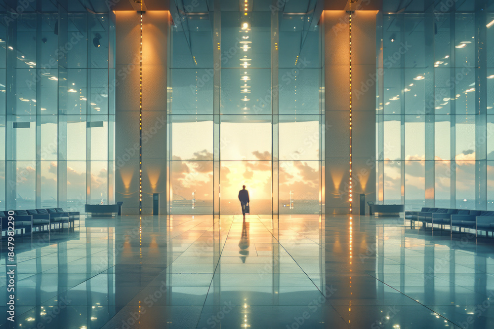 Poster minimalist image of a flight crew walking through an empty airport terminal with soft lighting,
