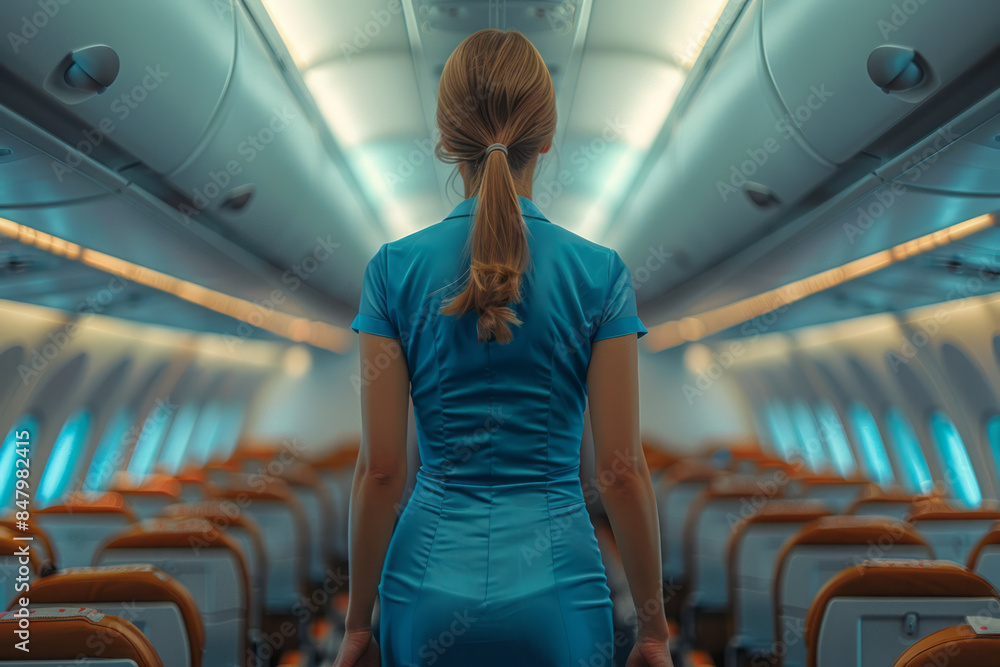 Poster minimalist aesthetic image of a flight attendant walking down an empty aisle with soft lighting,