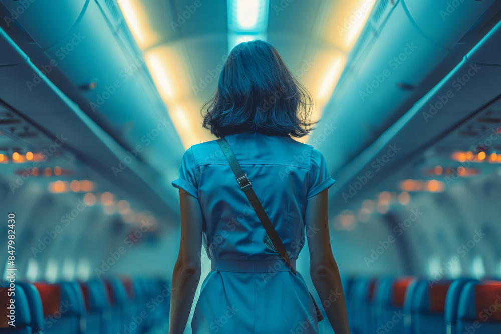 Poster minimalist aesthetic image of a flight attendant walking down an empty aisle with soft lighting,