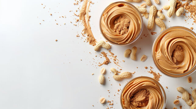 Collage of creamy peanut butter with whole peanuts on white background