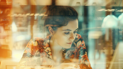 Focused businesswoman writing on glass in modern office
