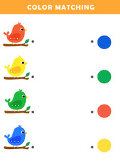 Fototapeta premium Color matching game for preschool kids. Color Matching Activities for Toddlers. Fun Puzzle with a Cute Cartoon Bird. Color matching worksheet for children.